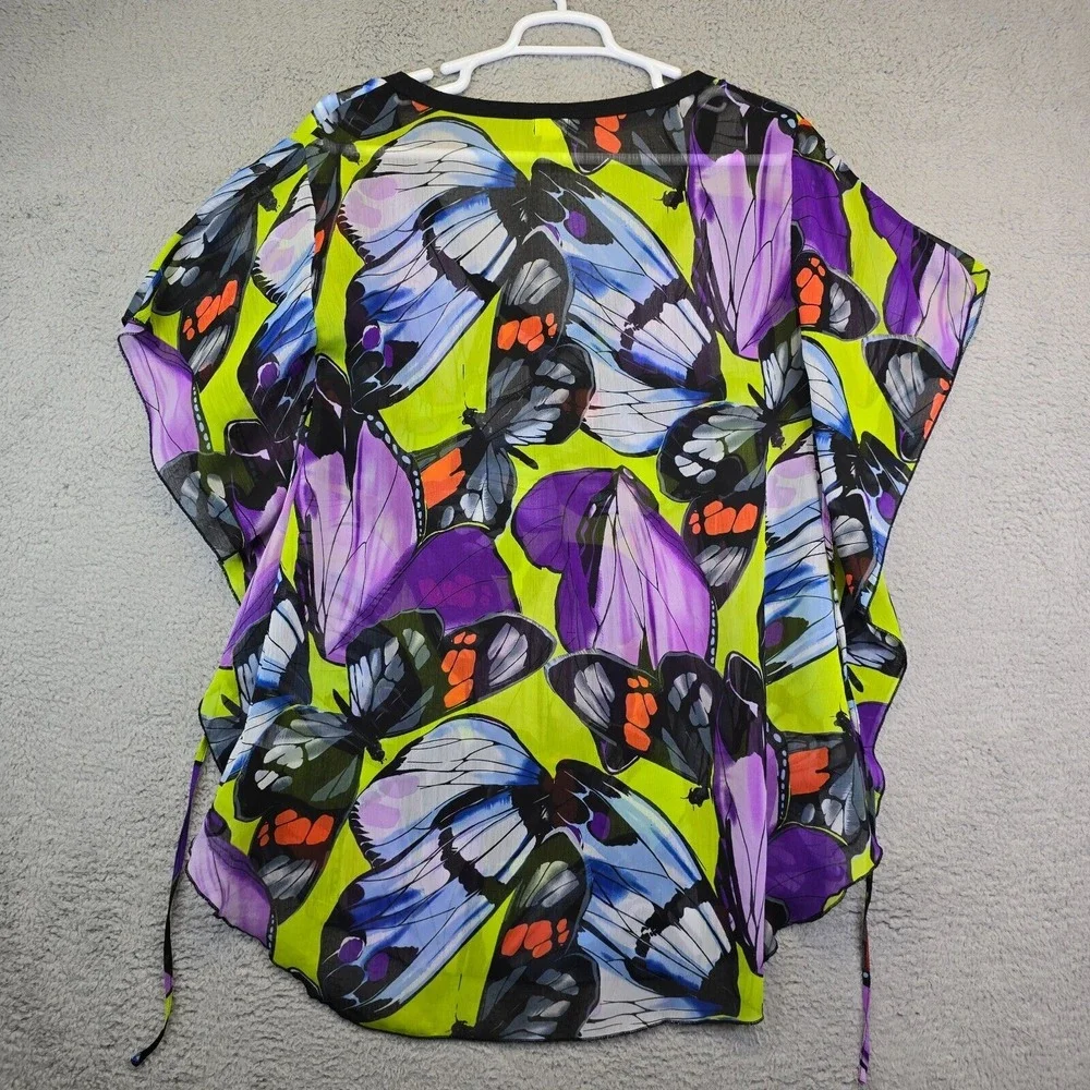 One World Beach Cover Up Women's XL Purple Butterfly Kimono Sheer V-Neck Overlay
